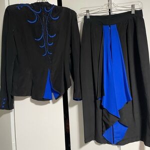 Vintage 80s Studio 1201 Silk Black and Blue Skirt Set with Beading on Top